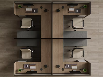 Modern Office Workspace With Wooden Office Desks Ergonomic Chairs Potted Plants And Desk Lamps 3d model