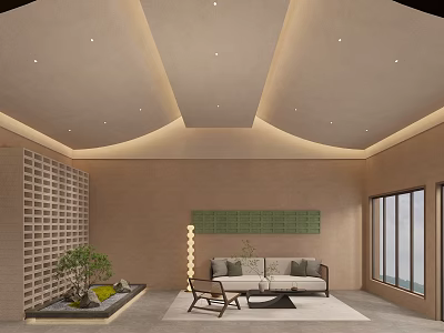 Modern Hotel Lobby Featuring Recessed Lighting Curved Light Strips Beige Walls Greenery And Large Windows 3d model