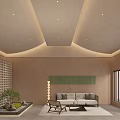 Modern Hotel Lobby Featuring Recessed Lighting Curved Light Strips Beige Walls Greenery And Large Windows