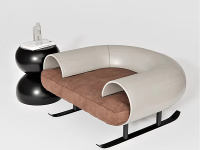 Modern Curved Single Seater Sofa With Beige Armrests Brown Cushion Metal Base And Decorative Side Table 3d model