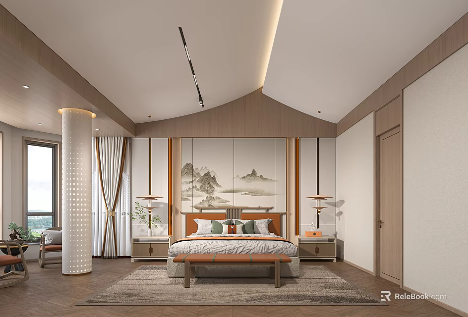 Wooden Accent Wall Bedroom Interior Design With Mountain Painting Table Lamps And Area Rug 3d model 