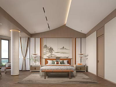 Wooden Accent Wall Bedroom Interior Design With Mountain Painting Table Lamps And Area Rug 3d model