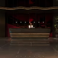White Bear Statue In Modern Hallway With Dark Walls Marble Floor Lighting And Display Cabinets