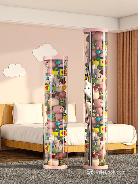 Transparent Cylindrical Storage Basket Filled With Colorful Stuffed Toys For Kids Bedroom With Cloud Decor 3d model 