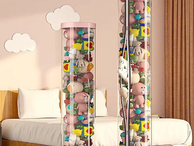 Transparent Cylindrical Storage Basket Filled With Colorful Stuffed Toys For Kids Bedroom With Cloud Decor 3d model