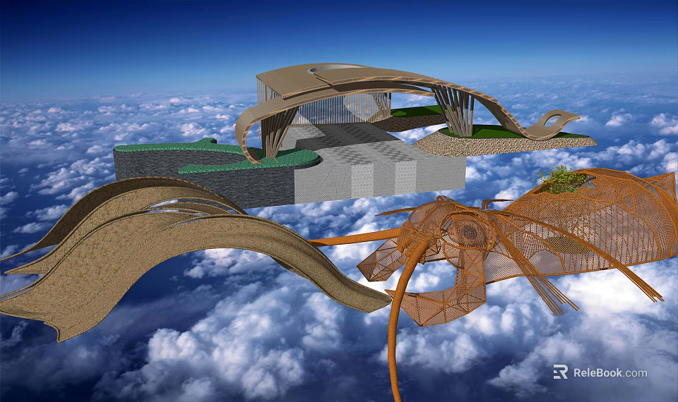 Modern Garden Landscape Design With Curved Wooden Structures Green Lawns In Cloudy Sky 3d model 