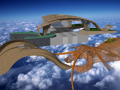 Modern Garden Landscape Design With Curved Wooden Structures Green Lawns In Cloudy Sky 3d model