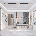 Modern Office Reception Area With Design Works On Walls And Marble Counter