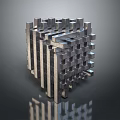 Modern Metallic Cube Structure With Geometric Modular Design And Reflective Surface