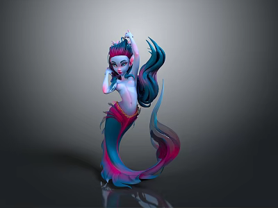 Fantasy Female Character With Colorful Long Hair And Flowing Tail In Elegant Pose On Gray Background 3d model