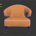 Orange Upholstered Chair With Curved Backrest Armrests And Dark Blue Legs