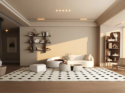 Living Room Interior With White Sofa Bookshelves Round Coffee Tables Geometric Rug And Natural Light 3d model