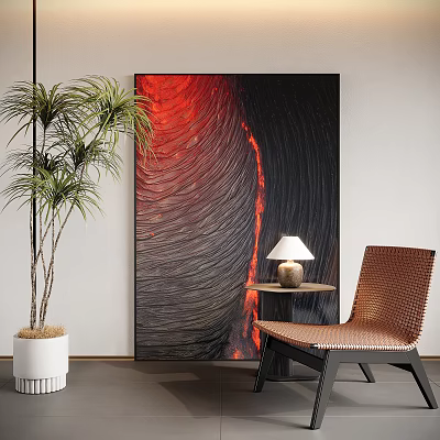 Abstract Painting Featuring Red Black Wave Texture With Palm Tree Woven Chair And Table Lamp 3d model