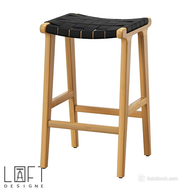 Modern Bar Stool With Natural Wood Legs And Black Stitched Seat 3d model 