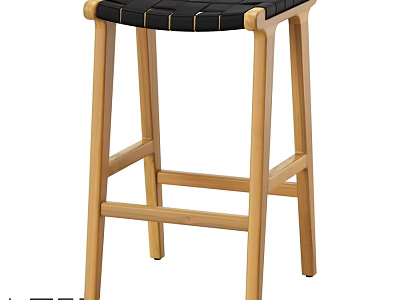 Modern Bar Stool With Natural Wood Legs And Black Stitched Seat 3d model