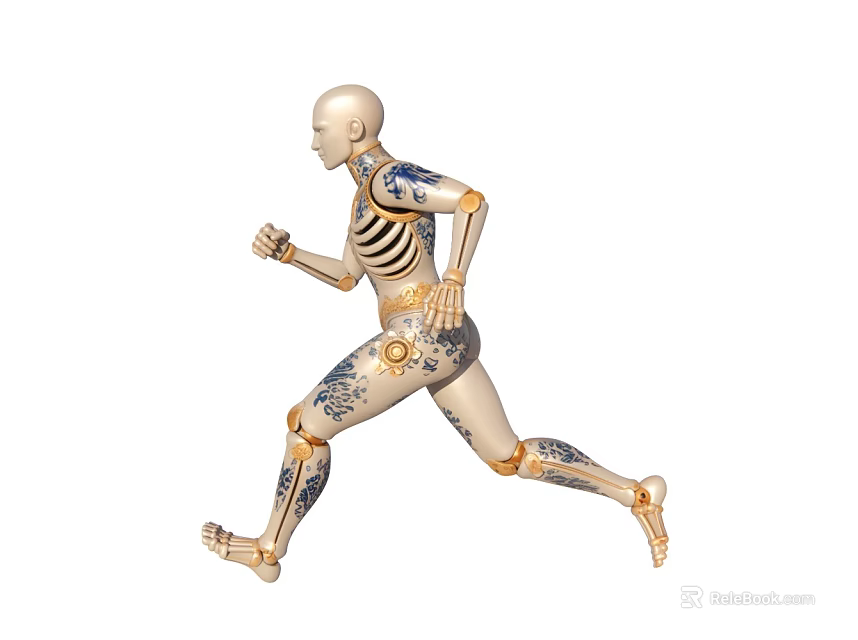 Ceramic Robot Skeleton Figurine Running with Blue Patterns Golden Joints Light Color and White Background 3d model 