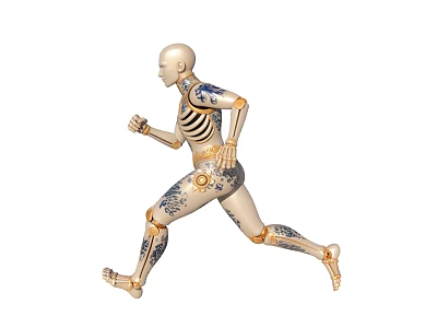 Ceramic Robot Skeleton Figurine Running with Blue Patterns Golden Joints Light Color and White Background 3d model