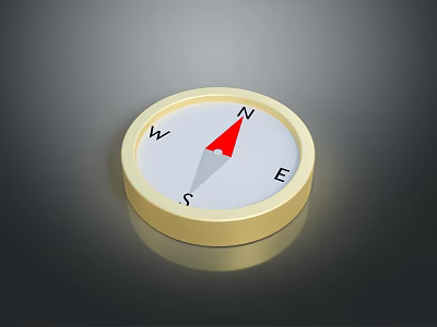 Golden Framed Compass With Red Needle And Directional Letters On Black Background 3d model