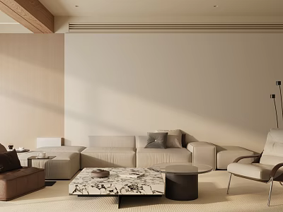 Modern Living Room Interior With Beige Sofa Coffee Table Armchair And Wooden Accents 3d model