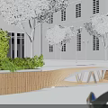 Modern Wooden Outdoor Chair With Green Plants White Building And Street Lamp
