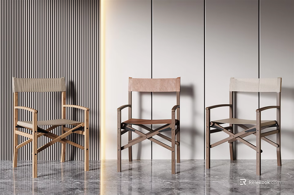 Modern Leisure Chairs With Wooden Frame And Different Back Designs Against Minimalist Wall 3d model 