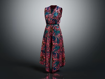 Sleeveless Paisley Pattern Jumpsuit With Vibrant Red Blue Design And Waist Belt 3d model