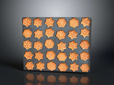 Assorted Shaped Cookies Neatly Arranged On Black Tray With Star And Snowflake Designs 3d model