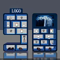 Blue Layered Illuminated Display Shelves With Clothes Shoes Small Items And Top LOGO Sign
