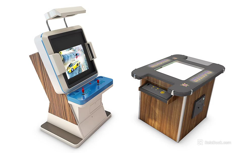 Modern Entertainment Arcade Appliances With Wooden Bases Two Machines Featuring Game Screens And Controls 3d model 