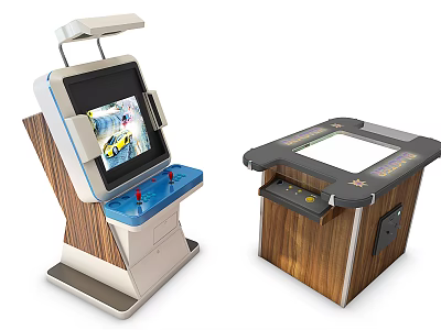 Modern Entertainment Arcade Appliances With Wooden Bases Two Machines Featuring Game Screens And Controls 3d model