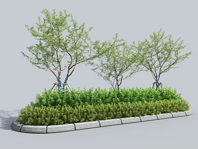 Neatly Trimmed Green Shrubs in Landscaped Garden Area with Small Trees and Stone Border 3d model