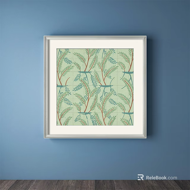 Botanical Plant Painting With Repeating Leaf Patterns In White Frame On Blue Wall 3d model