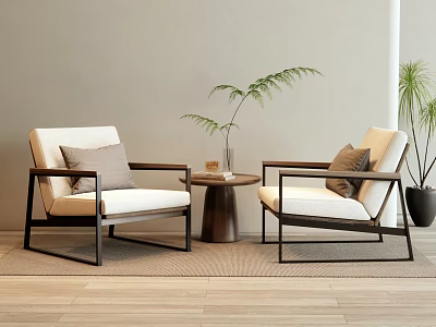 Small Round Wooden Table and Beige Chairs with Black Frames Green Plants Light Gray Wall 3d model