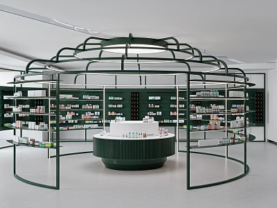 Elegant Green Cosmetic Store Interior With Circular Counter And Product Shelves 3d model