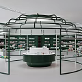 Elegant Green Cosmetic Store Interior With Circular Counter And Product Shelves