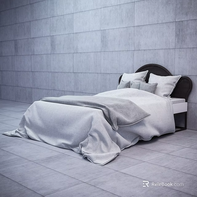 Double Bed with Dark Headboard Light Sheets and Pillows in Minimalist Gray Room 3d model 