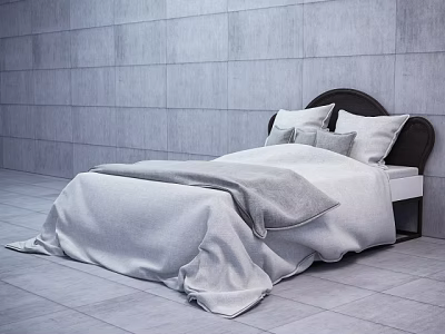 Double Bed with Dark Headboard Light Sheets and Pillows in Minimalist Gray Room 3d model