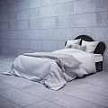 Double Bed with Dark Headboard Light Sheets and Pillows in Minimalist Gray Room