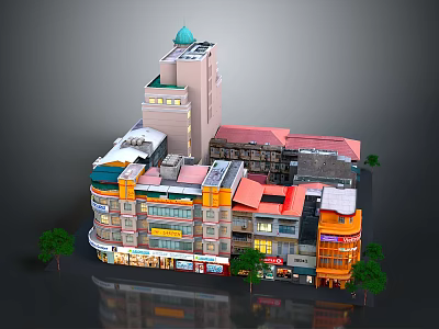 Urban Multi Story Buildings With Colorful Rooftops Storefronts And Trees 3d model