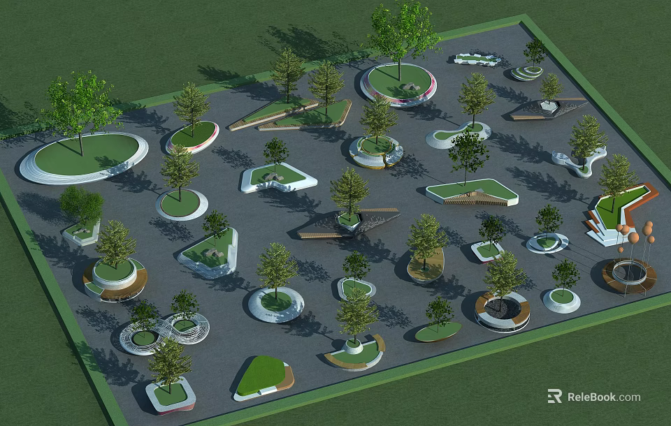 Tree Pits with Various Shapes and Creative Designs in Outdoor Landscaping Layout Featuring Planted Trees 3d model 