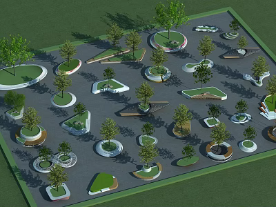 Tree Pits with Various Shapes and Creative Designs in Outdoor Landscaping Layout Featuring Planted Trees 3d model
