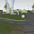 Modern Glass High Rise Buildings Around Urban Green Square With Trees And Pathway