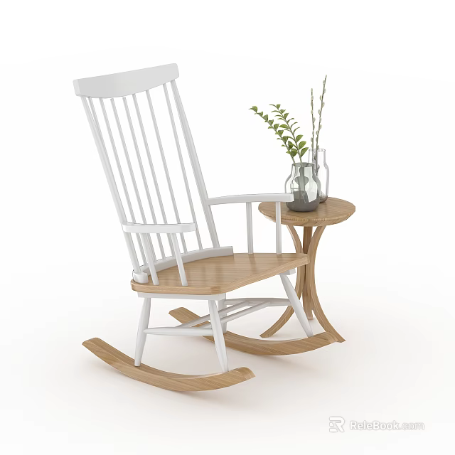 Stylish Leisure Rocking Chair with White Frame Wooden Seat and Side Table Green Plant Vase 3d model 
