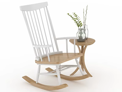 Stylish Leisure Rocking Chair with White Frame Wooden Seat and Side Table Green Plant Vase 3d model