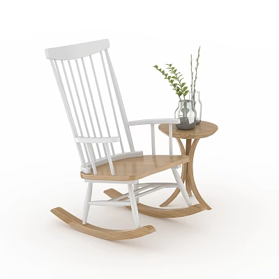 Stylish Leisure Rocking Chair with White Frame Wooden Seat and Side Table Green Plant Vase 3d model