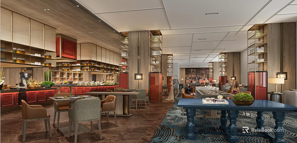Elegant Café Interior With Wooden Elements Red Cabinets Display Shelves Dining Tables And Patterned Carpet 3d model 
