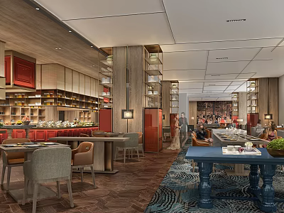 Elegant Café Interior With Wooden Elements Red Cabinets Display Shelves Dining Tables And Patterned Carpet 3d model