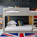 Stylish Bunk Bed Room Interior With Bookshelf Pillows And Union Jack Rug