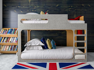 Stylish Bunk Bed Room Interior With Bookshelf Pillows And Union Jack Rug 3d model