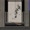 Chinese Style Hotel Lobby Interior With Ink Painting Bamboo Wooden Walls And Tile Floor